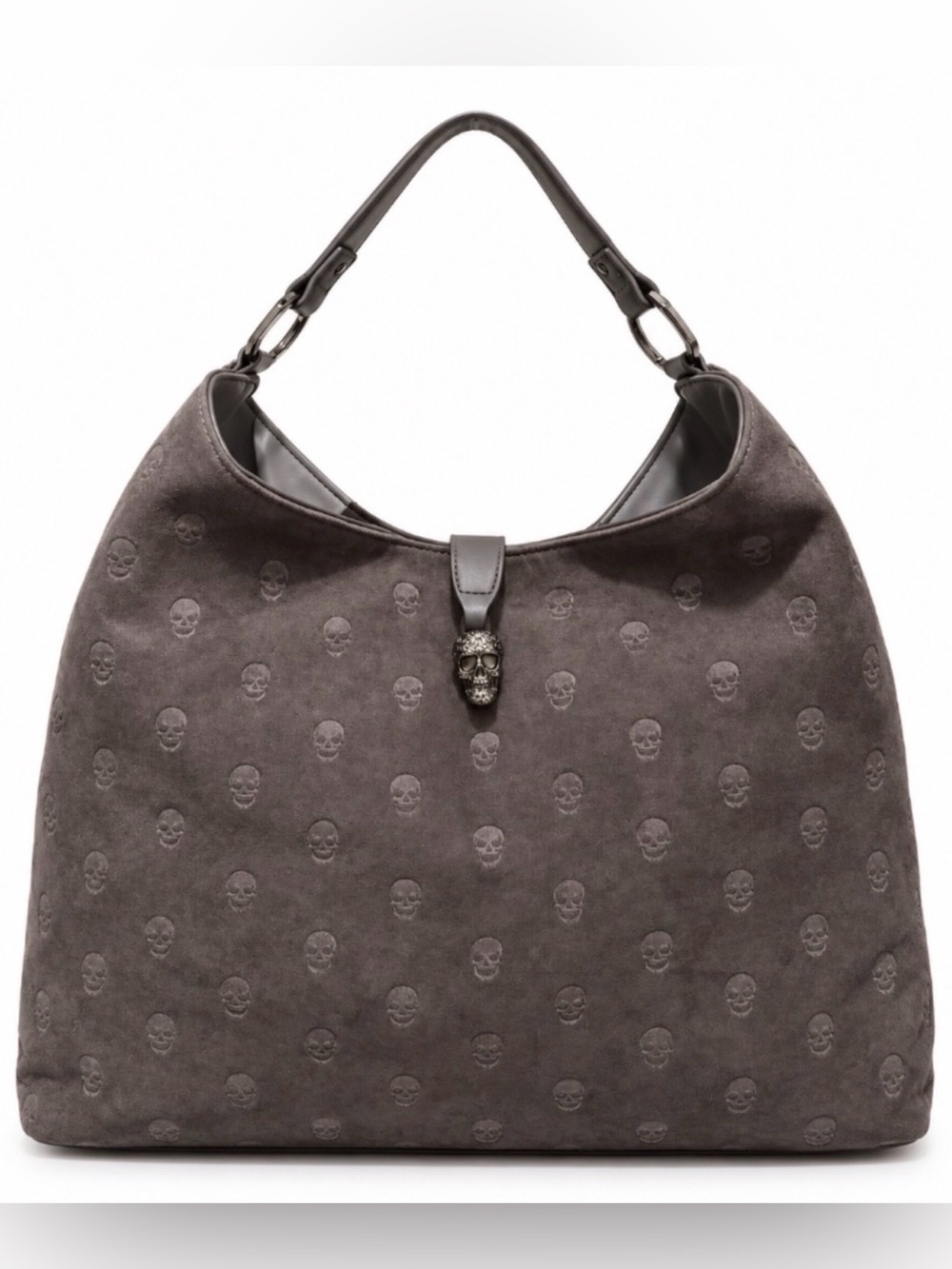 Betsey Johnson Gray Suede Skull-Embossed Hobo Shoulder Bag